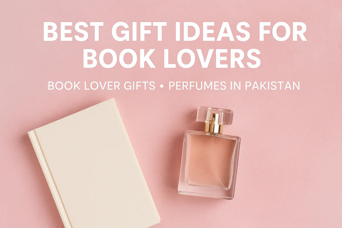Flat lay of a gift set with a book and perfume bottle – perfect gift idea for book lovers in Pakistan