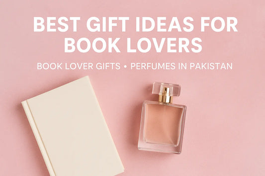 Flat lay of a gift set with a book and perfume bottle – perfect gift idea for book lovers in Pakistan
