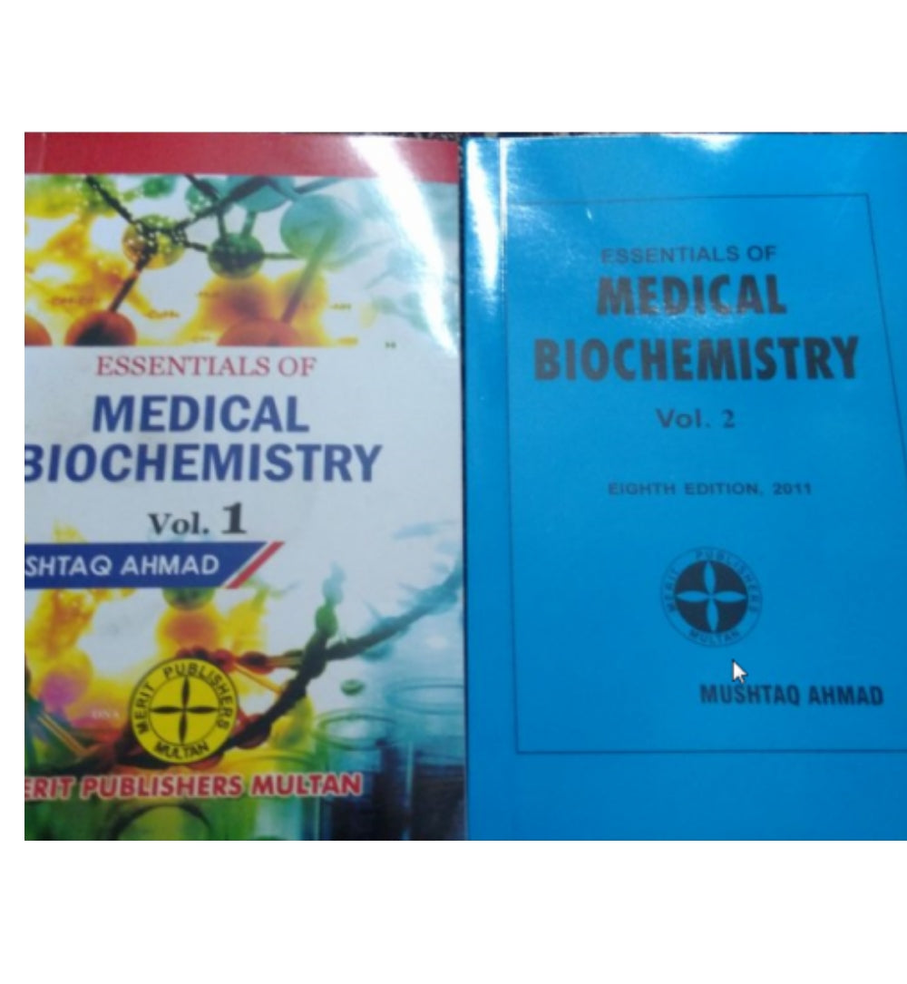 Explore "Essentials of Medical Biochemistry Volume 1 & 2 by Mushtaq Ahmed" – shown here with a sleek design and top reviews.