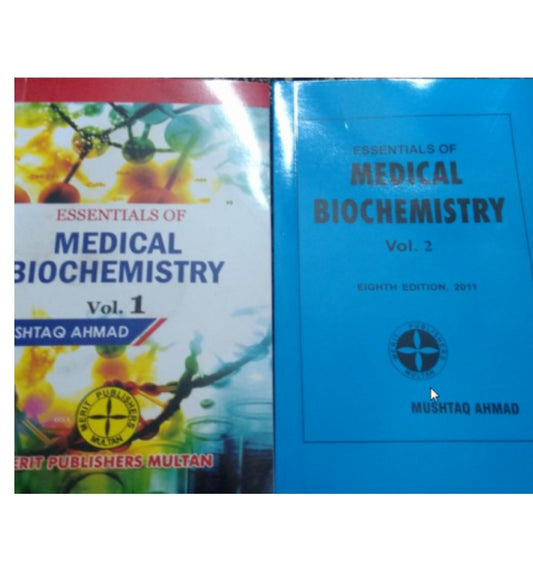 Explore "Essentials of Medical Biochemistry Volume 1 & 2 by Mushtaq Ahmed" – shown here with a sleek design and top reviews.