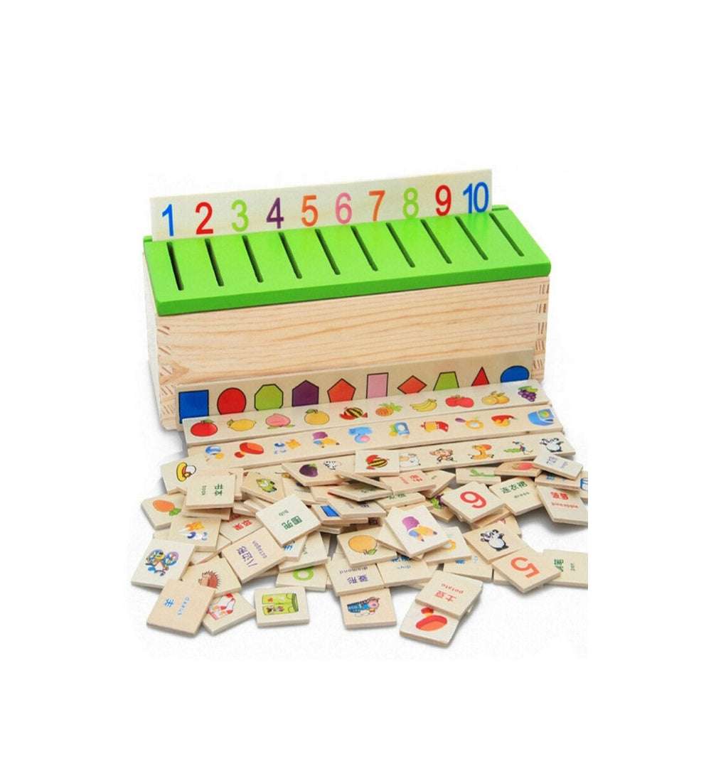 Trinkets & More - Knowledge Classification Box Numbers Shapes Vehicles Vegetables Animals and Fruits Puzzle Wooden Toys 80