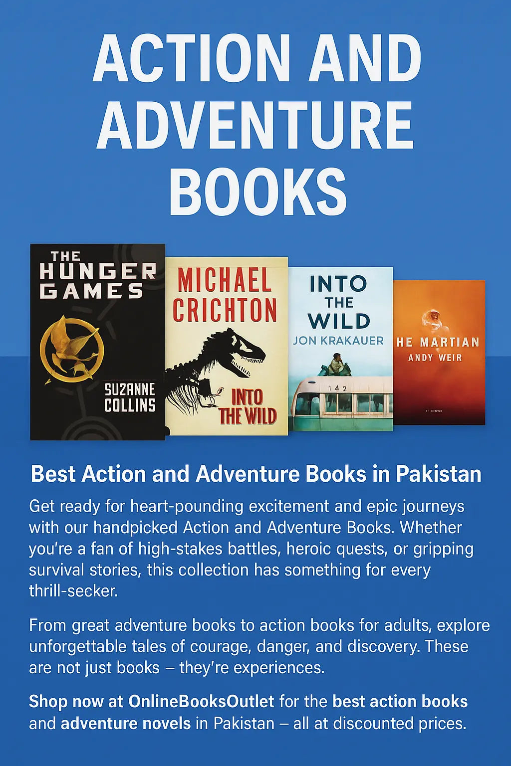 Promotional banner for best action and adventure books available at OnlineBooksOutlet