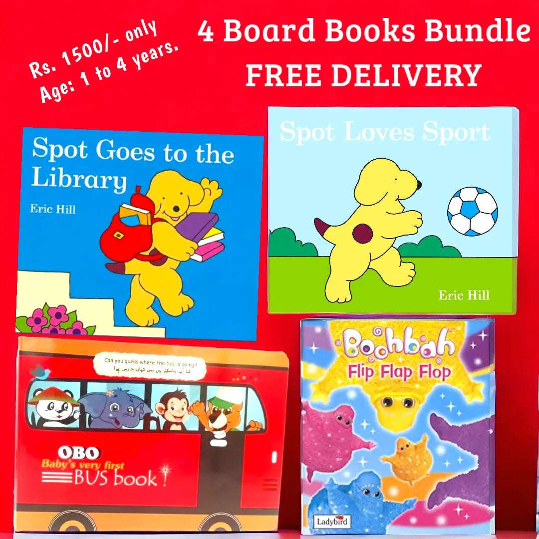 4 Learning Board Books Bundle - Original (Spot goes to the library, Spot loves sport, obo bus book, boohbah flip flap)